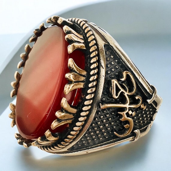 Hz Ali Ya Ali Ya Hossein Hussein Natural Flat Red Agate stone 925 silver Ring Islamic Shia Ali Hasan Hossein Fatemeh Ahlebeyt Ahlulbeyt