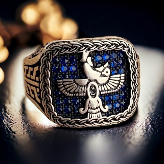 Handmade Turkish made Zoroaster Farvahar Emblem Zoroastrian 925K Stamped Sterling Silver Men Woman Ring Blue Micro cubic Zirconia stones