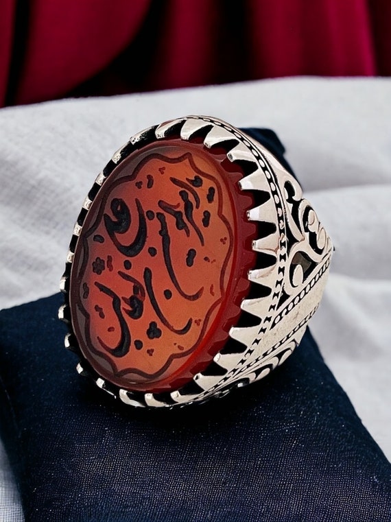 Agate aqeeq aqiq 925 Silver Men Ring- Quran-Islamic yemen- yemeni Hz Ali Zulfiqar men Ring