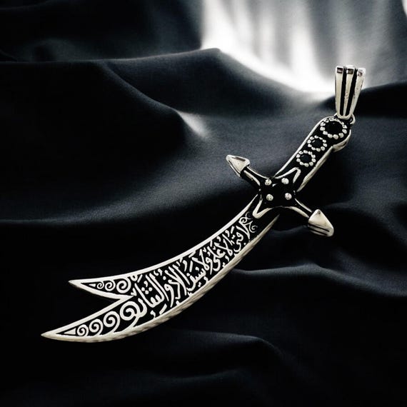 Imam Ali Zulfiqar Sword Necklace with Micro Black Zircon Stone - Solid 925K Sterling Silver Shia Pendant - Muslim Shia Gift for Him"