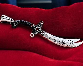 Imam Ali Zulfiqar Necklace ,Sword Necklace with Micro Red Zircon Stone, Solid 925K Sterling Silver Shia Pendant, Muslim Shia Gift for Him
