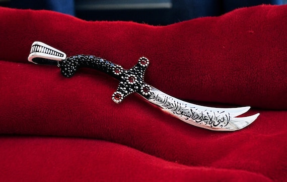 Imam Ali Zulfiqar Necklace ,Sword Necklace with Micro Red Zircon Stone, Solid 925K Sterling Silver Shia Pendant, Muslim Shia Gift for Him