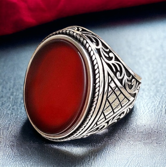 Red Agate Ring Silver, Aqeeq Ring Men Sterling Silver, Engraved Ring Gemstone, Turkish Handmade Ring, Elegant Ring Men,Husband Gift