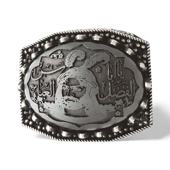 Ahlulbeyt Natural Hematite Islamic Carving Genuine Hadid Shia Ya Abolfazl Abbas, 925 silver Ring يا أبا الفضل العباس