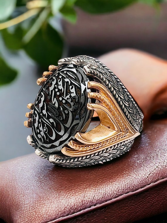 ARBIC ISLAMIC Hematite Hadid Ring Engraved Quranic Verse Surah Tawheed on it 925 Sterling Silver Man Ring , Gemstone Ring