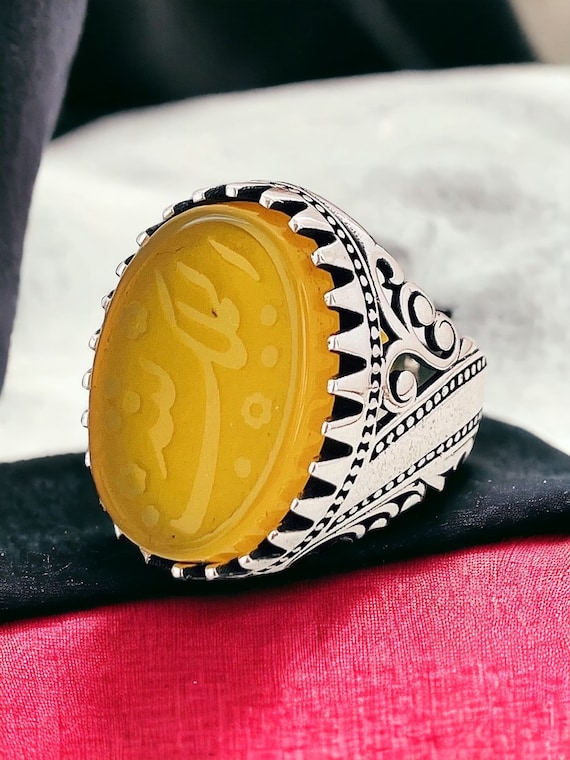 Natural Yellow  Akik Shia Moslem Muslim Hand Engraved 925 Ring Holy Quran Aqeeq 925 Silver Islamic Men Ring الملک الله
