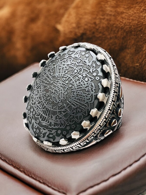 ARBIC ISLAMIC Big Hematite Hadid engraved Quranic two Verse Tawheed & Ayat Kursi Silver Men Ring , Gemstone Ring, Vintage Style Gift for Him