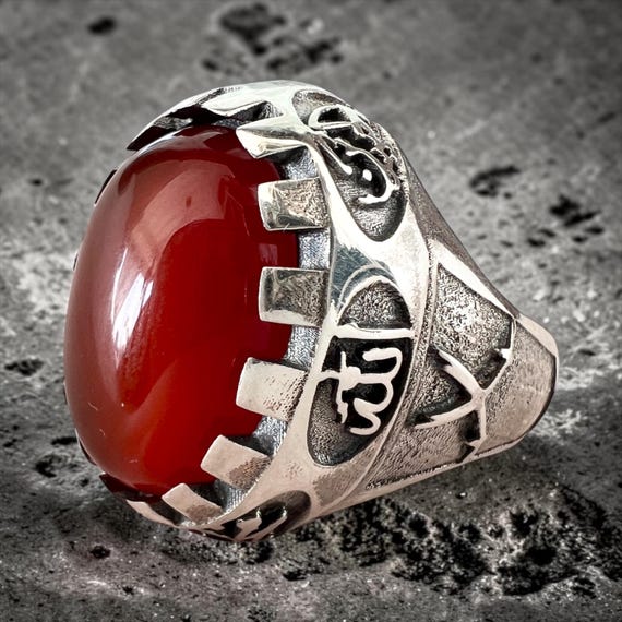 Red Yemeni Agate Hz Ali Zulfiqar 925 Silver Ring - Shia Panjtan Carving Ya Ali Ya hussein