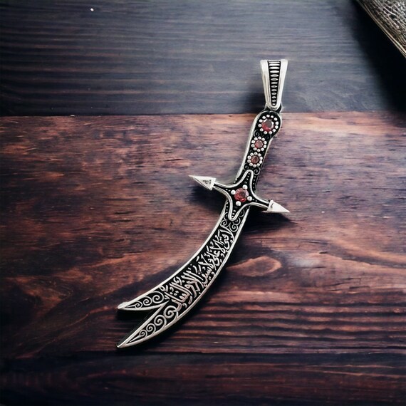 Imam Ali Zulfiqar Sword Necklace with Micro Black Zircon Stone - Solid 925K Sterling Silver Shia Pendant - Muslim Shia Gift for Him"