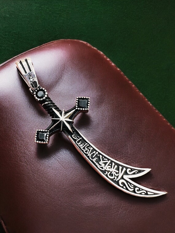 Silver Zulfiqar Sword Necklace, Arabic Written Zulfiqar Imam Ali Zulfiqar Sword, Muslim Jewelry, Islamic Necklace,Black Stones,Unisex