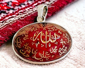 Shia Ahlulbeyt 14 Infallibles Hand carving Muhemmed Ali ,Jafar,Hassan,Hussein,925 Silver Yemeni Pendant الله ، محمد، علی، فاطمه، حسن ، حسین