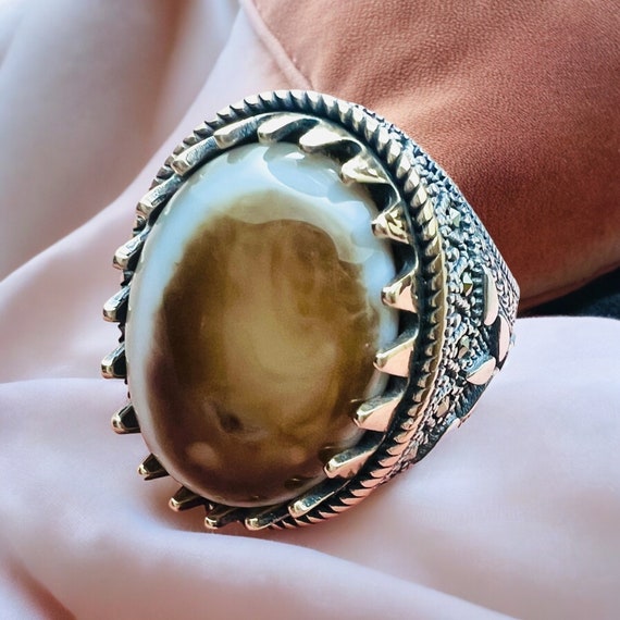 Yemen Sulaimani Devil Eye Yemeni Agate Yemen Aqeeq for Ring  Natural Yemen Agate Stone 925 Sterling Silver Men's Woman's Ring عقیق یمانی
