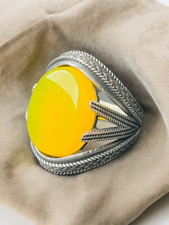 Amulet Taweez for Protection Men Ring Natural Big ,Sharaf Shams, Dua Yellow Carnelian Aqeeq 925 sterling silver rare akik art rare stone