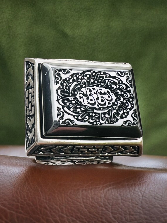 Rectangle Aabic Islamci Natural Hematit Hadid Sini 925 Silver Quranic protection ring,engraved NAD-ALI