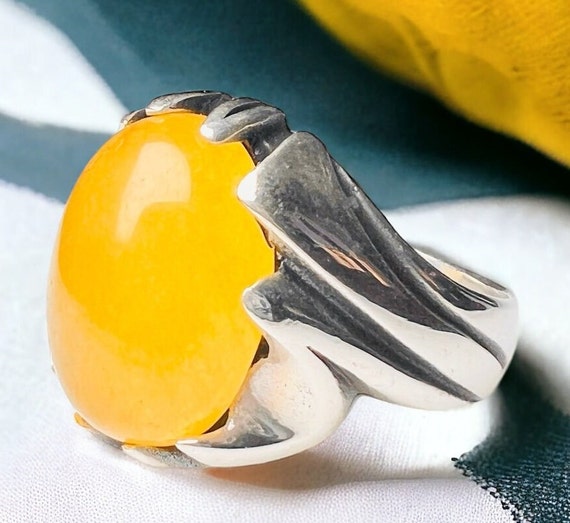 Amulet Taweez for Protection Men Ring Natural Big Sharaf Shams Dua Yellow Carnelian Agate Aqeeq 925 sterling silver rare akik art rare stone
