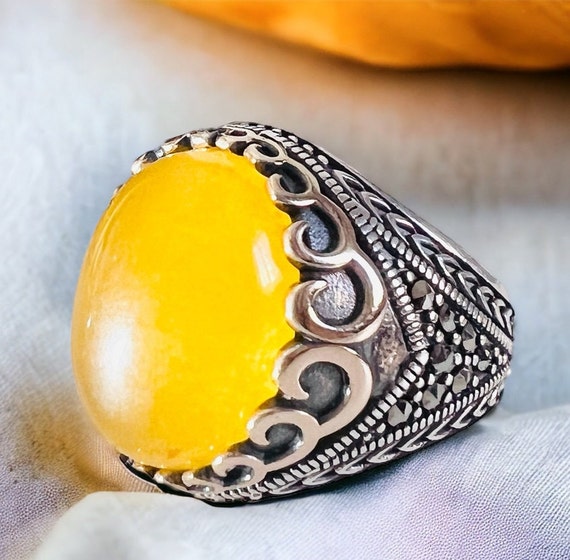 Amulet Taweez for Protection Men Ring Natural Big Sharaf Shams Dua Yellow Carnelian Agate Aqeeq 925 sterling silver rare akik art rare stone