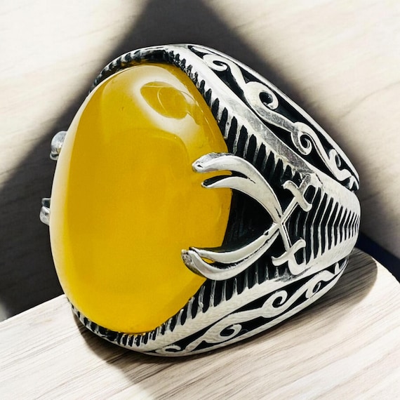 Zulfiqar Sword Amulet Taweez for Protection Men Ring Natural Big Sharaf Shams Dua Yellow Carnelian Agate Aqeeq 925  silver akik art stone