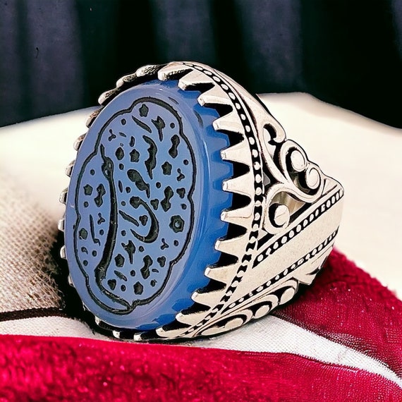 Natural Blue Yemeni Akik Shia Moslem Muslim Hand Engraved 925 Ring Holy Quran Aqeeq 925 Silver Islamic Men Ring یدالله فوق ایدیهم