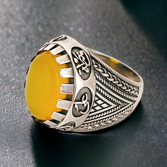 Shia Ring,Yemeni Aqeeq Ahlulbayt Ahl-ul-Bait solid 925 Sterling Silver Panjtan Islam Yellow Agate,Panjtan,Hasan,Hussein,Hz Ali,Hz Muhammad
