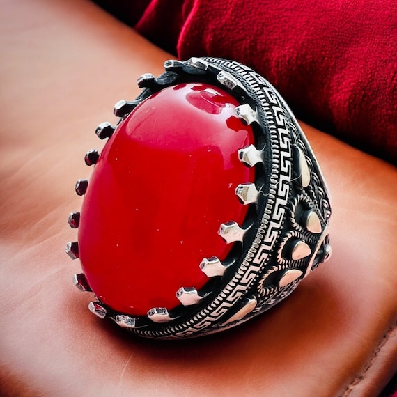 Bold Elegance Handcrafted 925 Sterling Silver Red Jade Statement Ring,Silver Jade Stone Ring  Men Silver Large Stone Ring