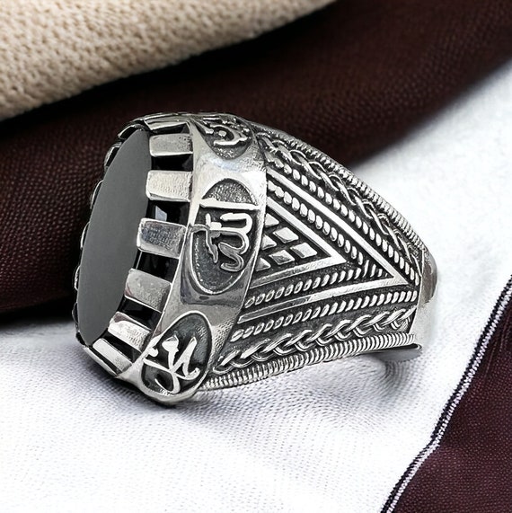 Shia Ring,Yemeni Aqeeq Ahlulbayt Ahl-ul-Bait 925 Sterling Silver Panjtan Islam Flat Black Agate,Panjtan,Hasan,Hussein,Hz Ali,Hz Muhammad