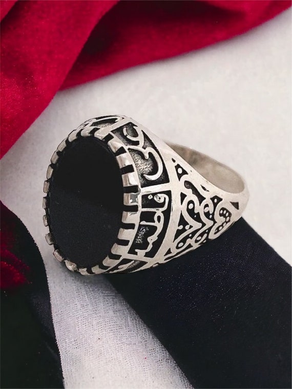 Handmade Shia Allah Ring Men's Woman's Yemeni Aqeeq Ahlulbayt Ahl-ul-Bait solid 925 Sterling Silver Panjtan Islam Flat Black Onyx