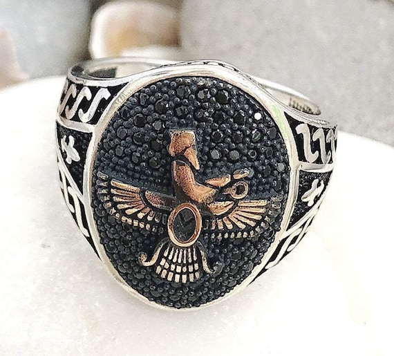 Handmade in Turkey Zoroaster Farvahar Emblem Zoroastrian 925 Sterling Silver Men Woman Ring With Black Stones