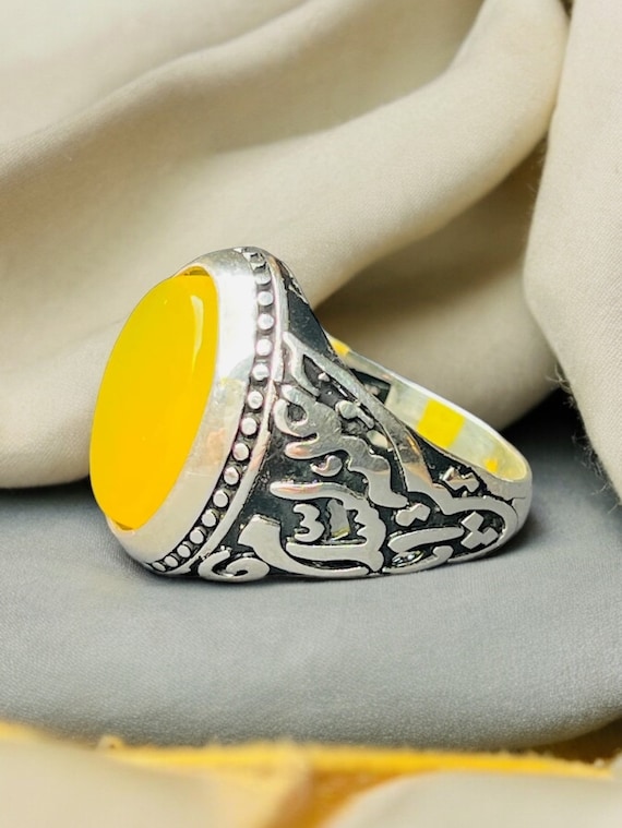 Amulet Taweez for Protection Men Ring Natural Big Sharaf Shams Dua Yellow Carnelian Agate Aqeeq 925 sterling silver rare akik art rare stone