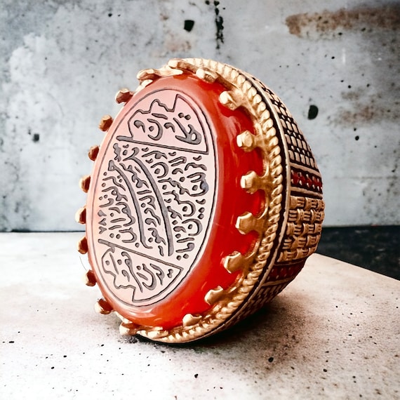 Hand Carving Natural Yemeni Agate 925 Silver Van Yekad Quranic Islamic Natural Red Agate Ring for protection