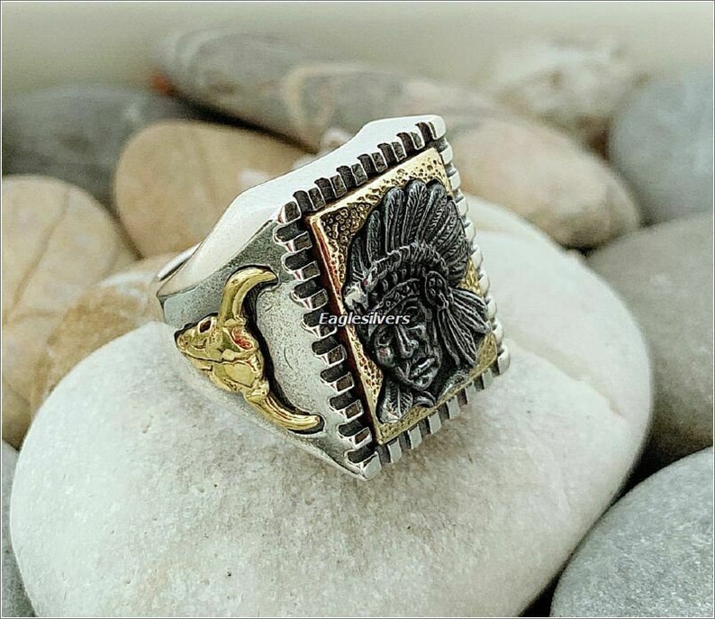 Handmade 925 Sterling Silver Indian Chief Head & Buffalo Men's Woman's Ring 