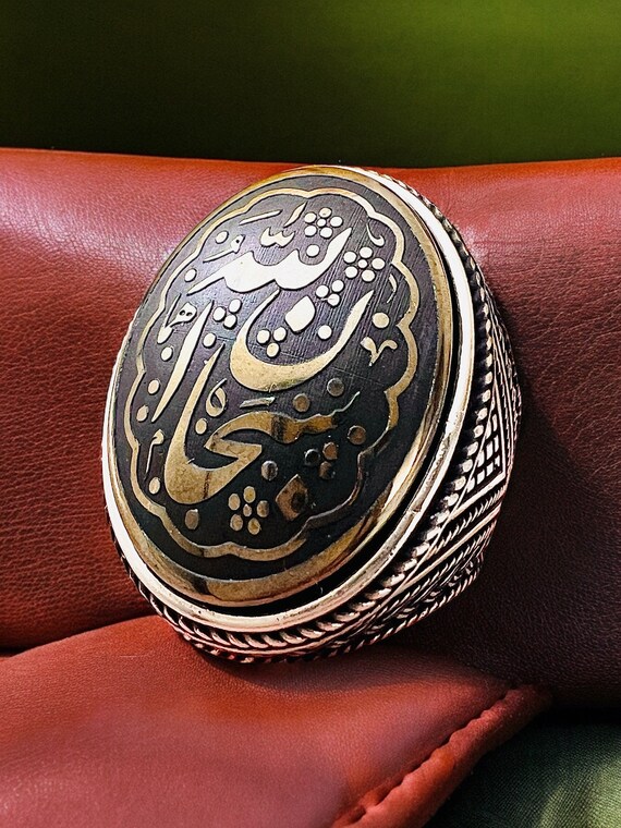 ARBIC ISLAMIC Big Hematit Hadid 925 Silver Arabic Islamic Quranic Verse Men Ring,Sobhan Allah Gemstone,Vintage Style Gift for Him سبحان الله
