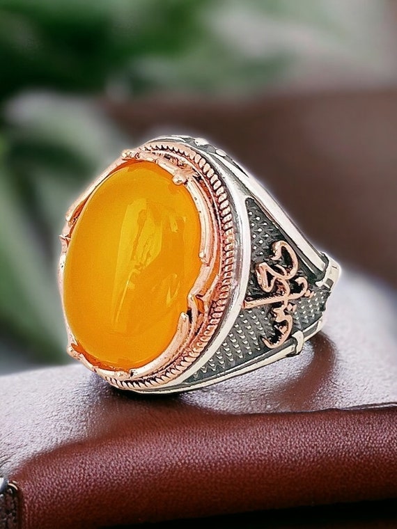 Shia Allah Men's Woman's Ahlulbayt Ahl-ul-Bait Panjtan Yellow Agate Natural Yellow Carnelian Agate Aqeeq Ya Ali Ya Hussein