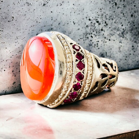Floral Men Ring Natural Red Carnelian Agate Aqeeq akik sterling silver 925 arabian yemeni agate Natural ruby stones