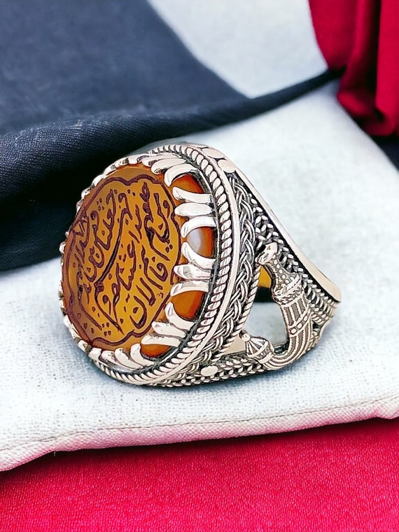 Islamic Arabic Quran Verse  Engraved Yellow natural Akik Agate Dagger 925 Silver Men's Ring