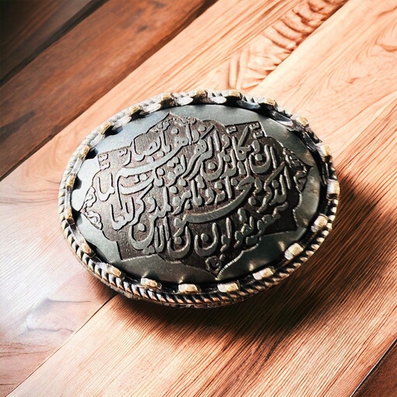 ARBIC ISLAMIC Hematite Hadid Sini engraved Quranic Al Ghalem ,Ayet al Kursi Silver Men Ring , protection Ring