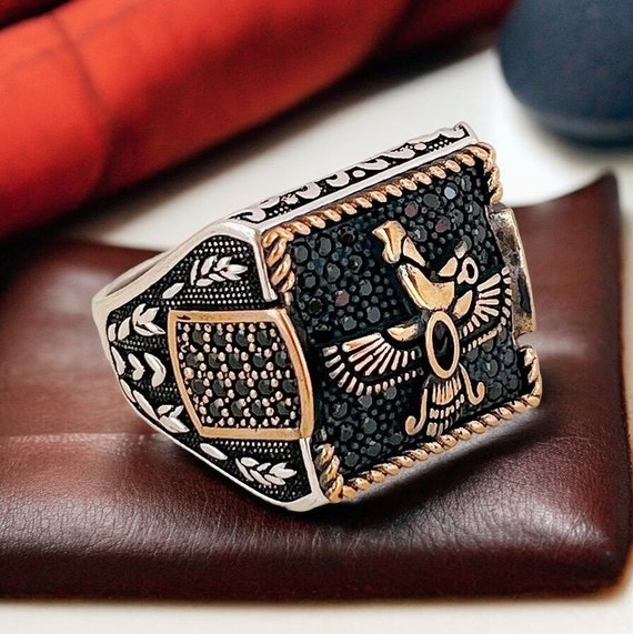 Zoroastrian Farvahar Sterling Silver Ring With Black Cubic
