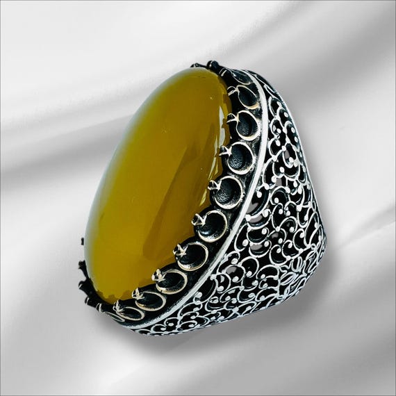 Large Natural Yellow Agate Ring – 925 Sterling Silver Statement Islamic Men’s Jewelry