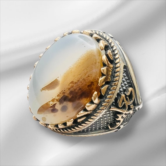 Hz Ali Ya Ali Ya Hossein Hussein Natural Shajar Yemeni Agate stone 925 silver Ring Islamic Shia Ali Hasan Hossein Fatemeh Ahlebeyt Ahlulbeyt