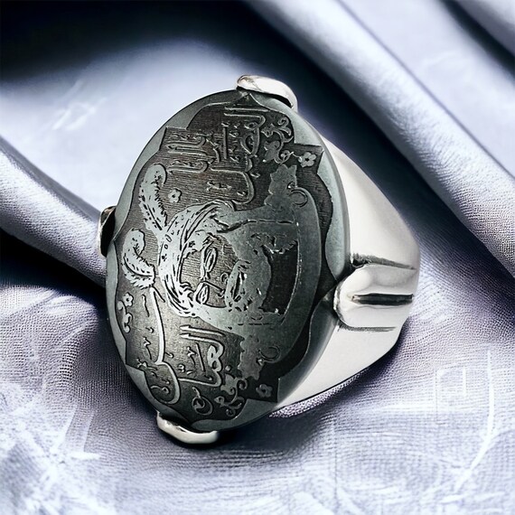 Ahlulbeyt Natural Hematite Islamic Carving Genuine Hadid Shia Ya Abolfazl Abbas, 925 silver Ring يا أبا الفضل العباس