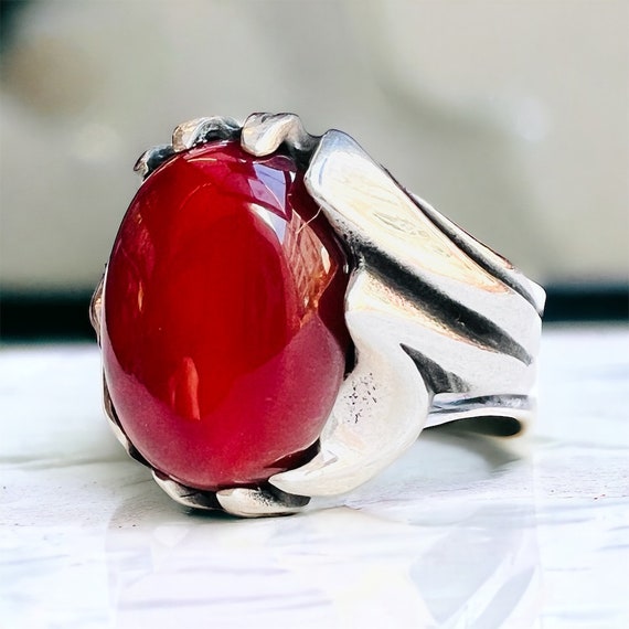 Red Natural Agate carnelian Sterling Silver Men's Fashion Ring, 925 Sterling Silver