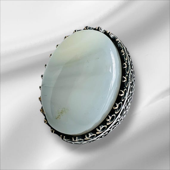 Large Natural Yemeni Shajar Agate Ring – 925 Sterling Silver Statement Islamic Men’s Jewelry