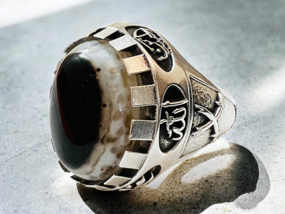 Hz Ali Sword,Zulfiqar Natural  Sulaimani Devil Eye Yemeni Agate ahlulbayt ehlibeyt Shia Ring Ahlulbayt Ahl-ul-Bait 925 Silver Panjtan Islam