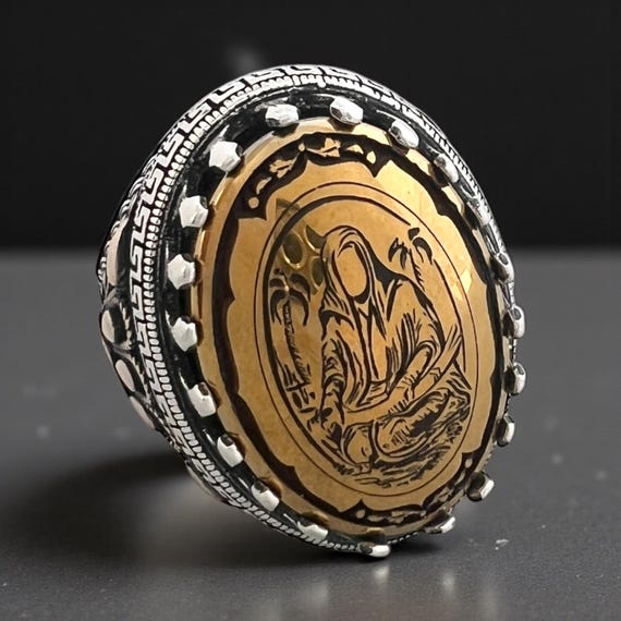 Large 925 Sterling Silver Ring,Islamic Shia Ehlebeyt Hadid sini engraving of Imam Ali,Zulfiqar
