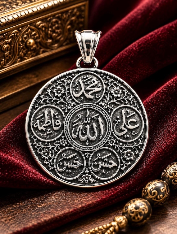 925 Sterling Silver Ahlul Bayt Panjtan Pendant – Islamic Shia Jewelry, Panj Tan Pak Necklace, Ahl al-Bayt Religious Pendant