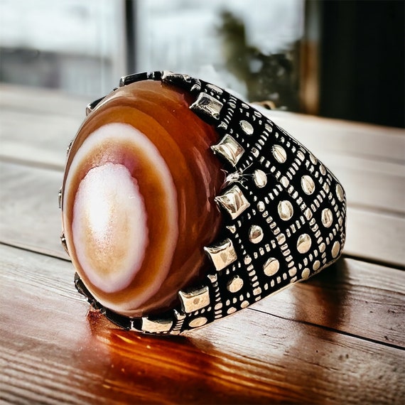 Yemen Sulaimani Devil Eye Yemeni Agate Yemen Aqeeq for Ring  Natural Yemen Agate Stone 925 Sterling Silver Men's Woman's Ring عقیق یمانی