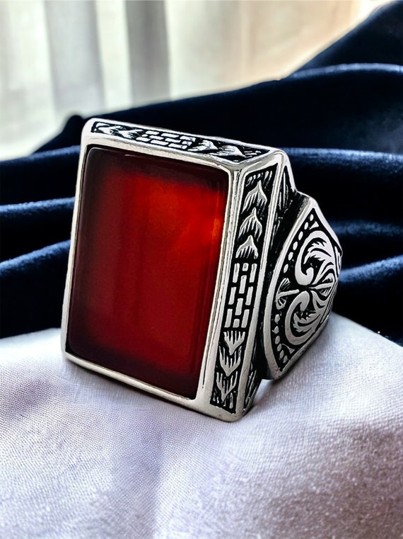 Natural Red Yemeni Akik Carnelian Shia Moslem Muslim 925 Ring Holy Quran Aqeeq 925 Silver Islamic Men Ring