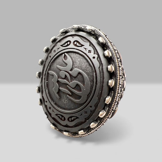 Islamic Arabic Carving Natural Hadid sini Hematite Hz Ali Vali Allah, 925 silver Ring,Shia,Ahlulbeyt علی ولی الله