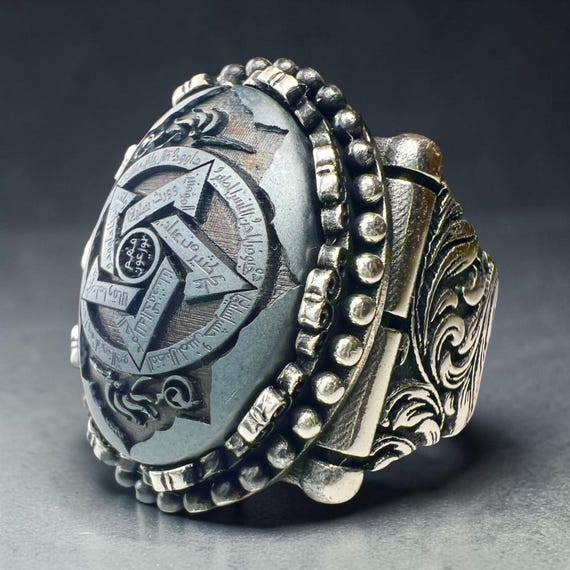 925 Sterling Silver Seal of Solomon Ring Carving on Natural Hadid Sini Hematite