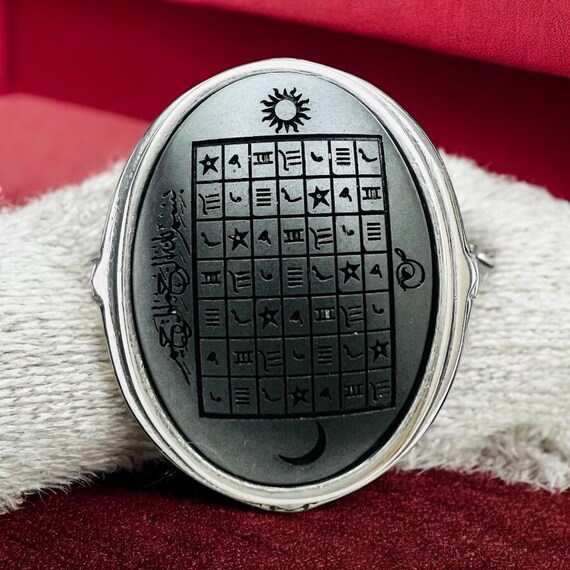 Kabaa wall design Natural Hematite Islamic Talisman Carving Natural Genuine Hadid Cini 7 Sharf Talisman hirz for protection,925 silver Ring