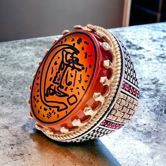 Hand Carving Natural Yemeni Agate Quranic Al Ghalam Sura 925 silver Ring ن والقلم وما يسطرون